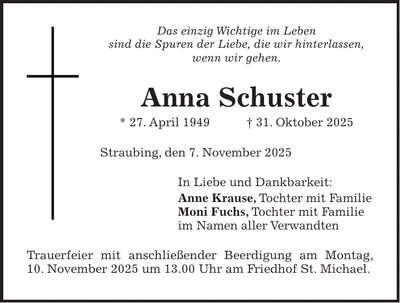 Traueranzeige Anna Schuster