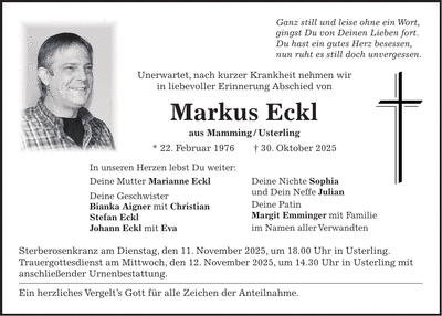 Traueranzeige Markus Eckl