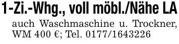 1-Zi.-Whg., voll möbl./Nähe LAauch Waschmaschine u. Trockner, WM 400 €; Tel. 0177/1643226