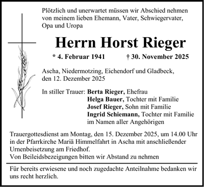 Traueranzeige Horst Rieger