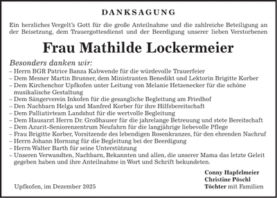 Traueranzeige Mathilde Lockermeier