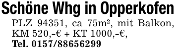 Schöne Whg in Opperkofen PLZ 94351, ca 75m², mit Balkon, KM 520,-€ + KT 1000,-€, Tel. 0157/88656299