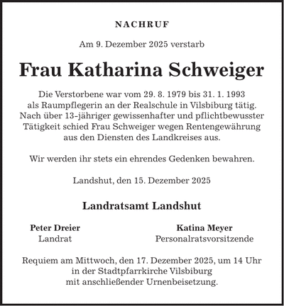 Traueranzeige Katharina Schweiger