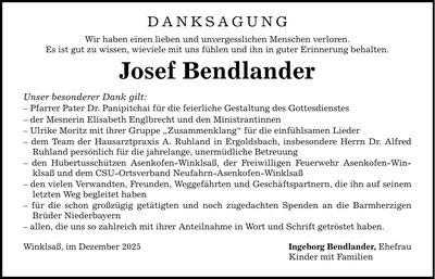 Traueranzeige Josef Bendlander