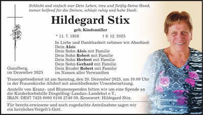 Traueranzeige Hildegard Stix