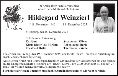 Traueranzeige Hildegard Weinzierl
