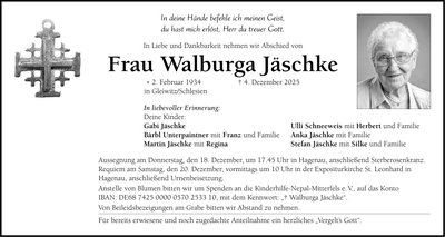 Traueranzeige Walburga Jäschke