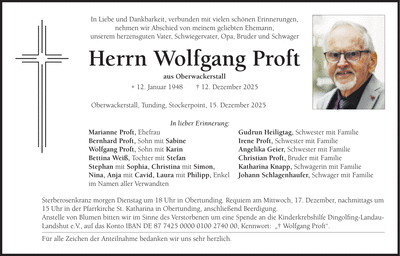 Traueranzeige Wolfgang Proft