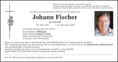 Traueranzeige Johann Fischer