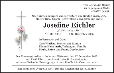 Traueranzeige Josefine Eichler