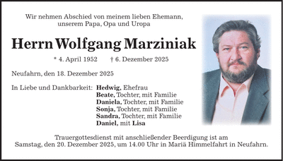 Traueranzeige Wolfgang Marziniak