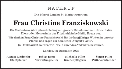 Traueranzeige Christine Franziskowski