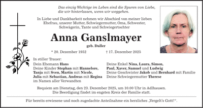 Traueranzeige Anna Ganslmayer