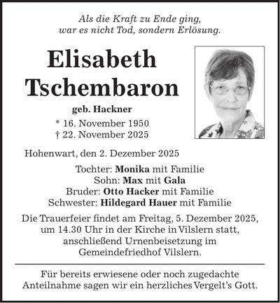 Traueranzeige Elisabeth Tschembaron