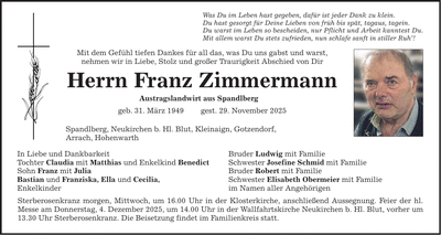 Traueranzeige Franz Zimmermann