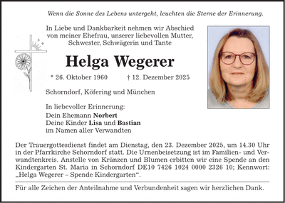 Traueranzeige Wegerer Helga