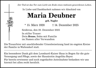 Traueranzeige Maria Deubner