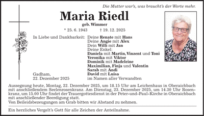 Traueranzeige Maria Riedl