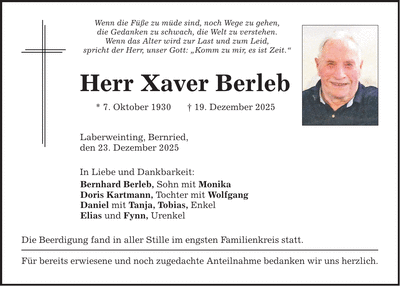 Traueranzeige Xaver Berleb