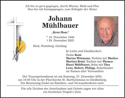 Traueranzeige Johann Mühlbauer