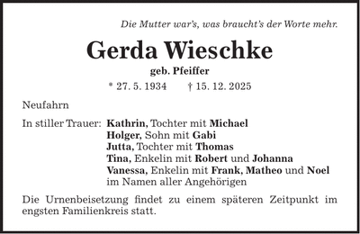 Traueranzeige Gerda Wieschke