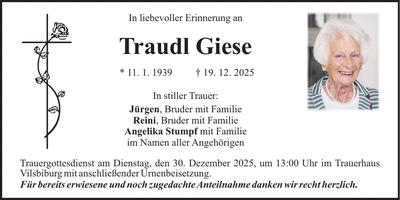Traueranzeige Waltraud Giese
