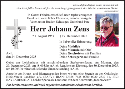 Traueranzeige Johann Zens
