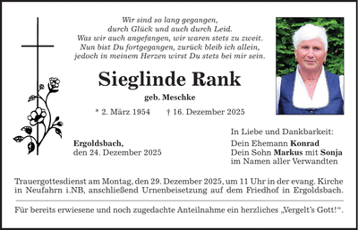 Traueranzeige Sieglinde Rank