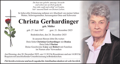 Traueranzeige Christa Gerhardinger