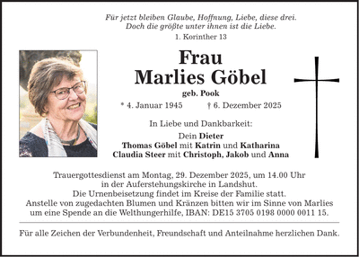 Traueranzeige Marlies Göbel