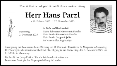 Traueranzeige Hans Parzl
