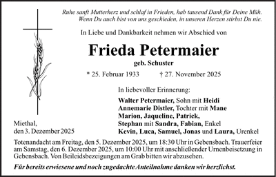 Traueranzeige Frieda Petermaier
