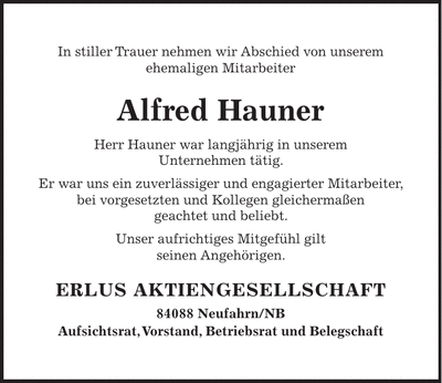 Traueranzeige Alfred Hauner