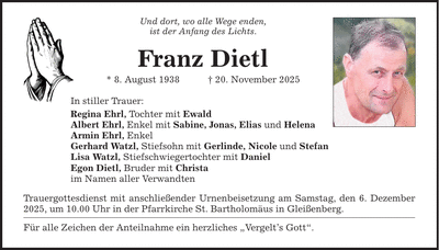 Traueranzeige Franz Dietl