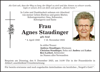 Traueranzeige Agnes Staudinger