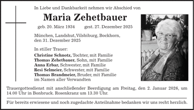 Traueranzeige Maria Zehetbauer