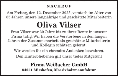 Traueranzeige Olivia Vilser