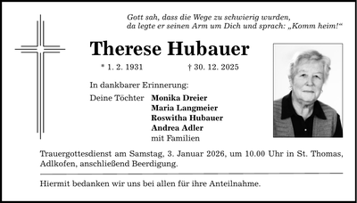Traueranzeige Therese Hubauer