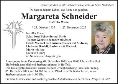 Traueranzeige Margareta Schneider