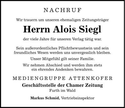 Traueranzeige Alois Siegl