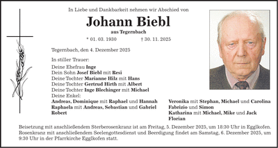 Traueranzeige Johann Biebl