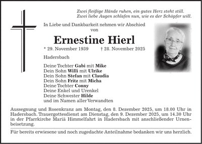 Traueranzeige Ernestine Hierl