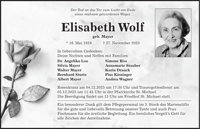 Traueranzeige Elisabeth Wolf