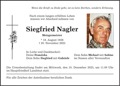 Traueranzeige Siegfried Nagler