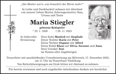 Traueranzeige Maria Stiegler
