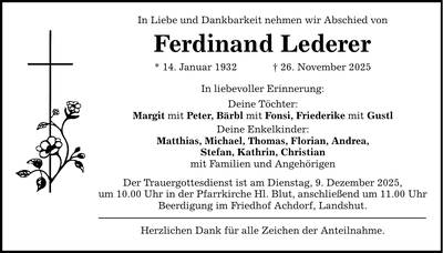 Traueranzeige Ferdinand Lederer
