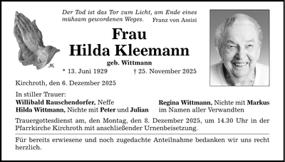 Traueranzeige Hilda Kleemann