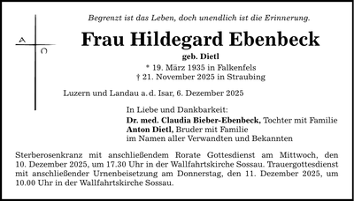 Traueranzeige Hildegard Ebenbeck
