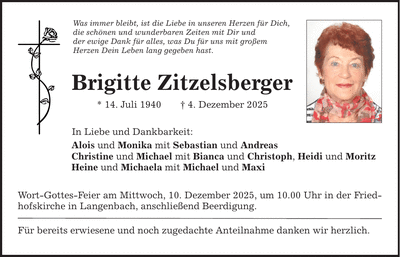 Traueranzeige Brigitte Zitzelsberger