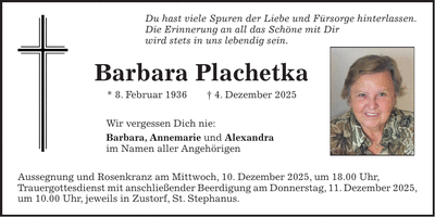 Traueranzeige Barbara Plachetka